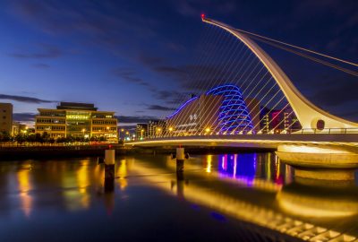Dublin city guide.Samuel Beckett Bridge.01 Samuel Beckett Bridge in Dublin with night illumination