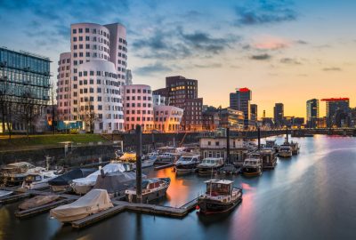 Dusseldorf city guide.Medienhafen.01 Medienhafen area in Dusseldorf by sunset