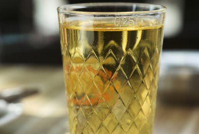 Frankfurt city guide.Apfelwein.02 A glass full with Apfelwein in Frankfurt cafe
