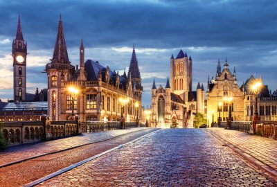 Ghent city guide.Saint Bavo Cathedral.01 Saint Bavo Cathedral in Ghent with night illumination