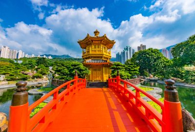 Hong Kong city guide.Nan Lian Garden.02 Yellow pagoda and orange bridge at Nan Lian Garden Hong Kong