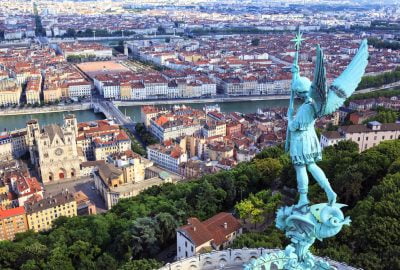 Lyon city guide.view top Notre Dame de Fourviere.01 View at the city from the top of Notre Dame de Fourviere Lyon