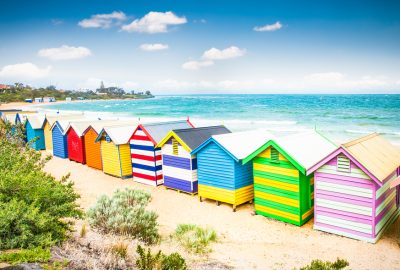 Melbourne city guide.Brighton beach bathing boxes.02 Colourful beach bathing boxes at Brightone beach in Melbourne