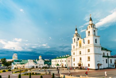 Minsk city guide.Holy Spirit Cathedral.01 Two-towered Orthodox Holy Spirit Cathedral in Minsk
