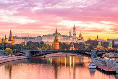 Moscow city guide.Kremlin.01 Sunset view of the towers of the Moscow Kremlin from the Moscow River