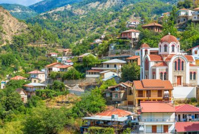 Nicosia city guide.Moutoullas village.02 Houses and church of Moutoullas village in the mountainous area of Nicosia