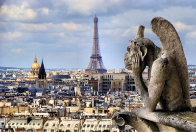 Paris city guide.view from Notre Dame.01 Gargoyle at the top of Notre Dame and Paris cityscape