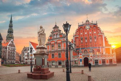 Riga city guide.Old Town.01 Roland statue on Town Hall Square in the Old Town of Riga