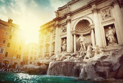Rome city guide.Trevi Fountain.02 Trevi Fountain in Rome in the sun