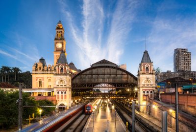 Sao Paulo city guide.Luz Station.01 Illuminated Luz Station in Sao Paolo at the evening
