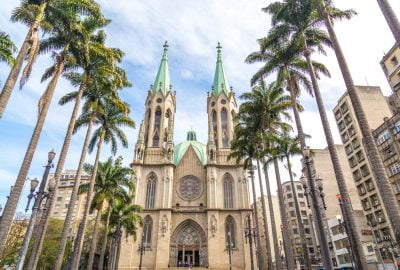 Sao Paulo city guide.Se Cathedral.02 Se cathedral in Sao Paolo with palmtrees at the foreground