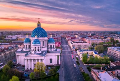 St. Petersburg city guide.Trinity Cathedral.01 Sunset view of Trinity Cathedral and Izmailovsky Prospekt in St. Petersburg