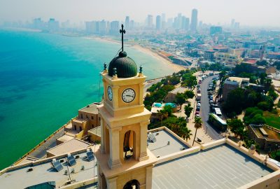Tel Aviv city guide.St. Peter's Church Jaffa and skyline Tel Aviv.01 Church Jaffa and skyline Tel Aviv in the backdrop