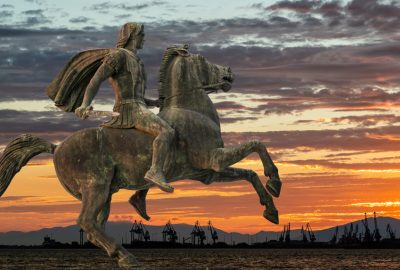 Thessaloniki city guide.Alexander the Great statue.02 Alexander the Great statue against the sunset sky