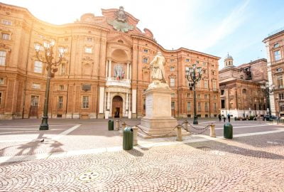 Turin city guide.Carignano square.01 Carignano square with facade of the Carignano palace in Turin