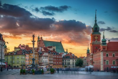 Warsaw city guide.Royal Castle.01 Royal Castle in Warsaw against the sunset sky