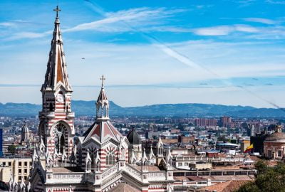 Bogota city guide.El Carmen Church.02 View over the city of Bogota with El Carmen Church at the forefront