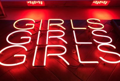 Neon lights of Laufhaus in red light district of Frankfurt