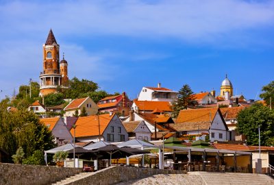Belgrade city guide.Zemun old town.02 Old Town of Zemun with Gardos Tower (Kula Gardos) at the Danube near Belgrade