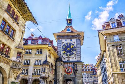 Bern city guide.Zytglogge astronomical clock.01 The medieval Zytglogge tower with the astronomical clock in the Old Town of Bern