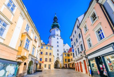 Bratislava city guide.Michael's Gate.01 Michalska ulica and Michael's Gate in Bratislava's medieval Old Town