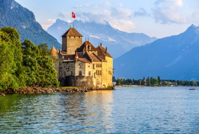 Geneva city guide.Chillon Castle.02 Chillon Castle on a rock at Lake Geneva
