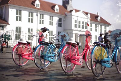 Jakarta city guide.Old Town Fatahillah Square.02 Colourful bikes parked on Fatahillah Square in Jakarta's charming Old Town (Kota Tua Jakarta)