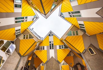 Rotterdam city guide.Cube houses.02 Frog's eye-view of cube houses of architect Blom in Rotterdam