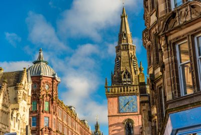 Glasgow city guide.Trongate.01 Toolbooth Steeple clock tower at Trongate street in Glasgow