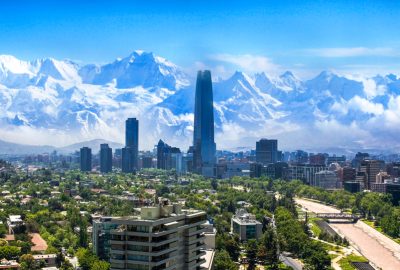 Santiago city guide.Gran Torre Santiago and Andes.01 Gran Torre Santiago with Andes as a backdrop