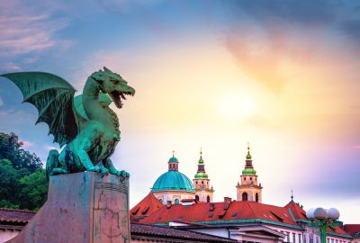 Ljubljana city guide.Dragon Bridge.02 Statue of Dragon bridge in Ljubljana