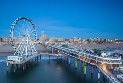The Hague city guide.Scheveningen boulevard and Pier.02 Observation wheel and Pier at boulevard of Scheveningen in The Hague