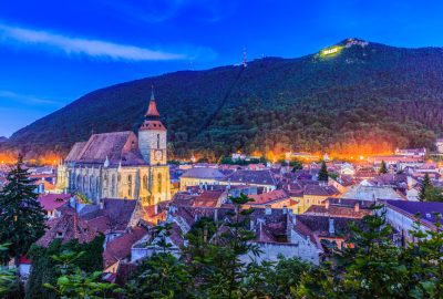 Brasov city guide.Panoramic view and Tampa Mountain.01 Panoramic evening view at Brasov and Tampa Mountain