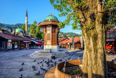 Sarajevo city guide.Bascarsija square and Sebilj wooden fountain.02 Bascarsija square and Sebilj wooden fountain in Sarajevo
