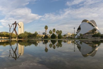 Valencia city guide.Turia Gardens and Palau de les Arts Reina Sofía.01 View from water at Palau de les Arts Reina Sofia and Turia Gardens in Valencia