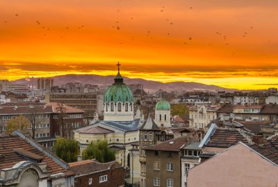 Sofia city guide.Saints Cyril and Methodius Church.02 Saints Cyril and Methodius Church in Sofia at sunset