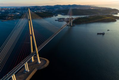 Vladivostok city guide.Russky Bridge.01 Aerial view by evening of Russky Bridge in Vladivostok