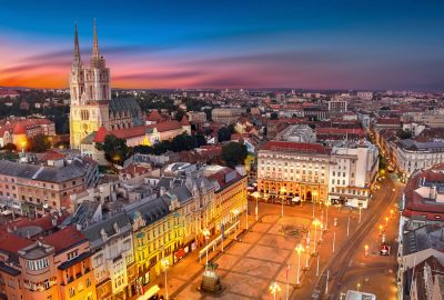 Zagreb city guide.Ban Jelacic Square.01 Night aerial view of Ban Jelacic Square in Zagreb