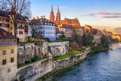 Basel city guide.Basel Minster Basler Munster.01 Basel Minster Basler Munster cathedral and medieval houses in Basel