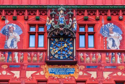 Basel city guide.Town Hall medieval clock.02 Medieval clock on the Town Hall in Basel