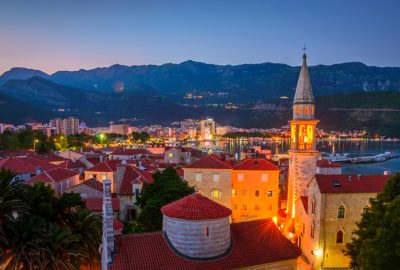 Budva city guide.Saint Ivan Church.02 Saint Ivan Church in Budva, Illuminated at evening