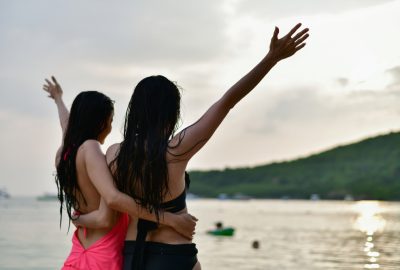 Two girls having fun at Limassol beach club