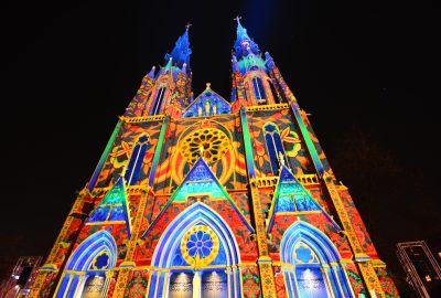 Eindhoven city guide.St. Catherine's Church during Glow Festival.01 St. Catherine's Church, Eindhoven's neo-Gothic Catholic church, lit during the annual light festival GLOW