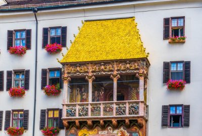 Innsbruck city guide.Goldenes Dachl Golden Roof.02 The Goldenes Dachl (Golden Roof) in centre of Innsbruck
