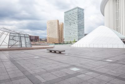 Luxembourg City city guide.Kirchberg area.01 Square with office buildings in Luxembourg City's business district Kirchberg (Kierchbierg)