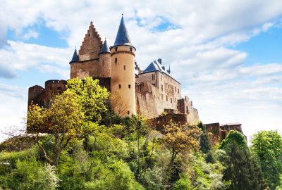 Luxembourg City city guide.Vianden Castle.02 The renovated Vianden Castle located on a rock in Northern Luxembourg